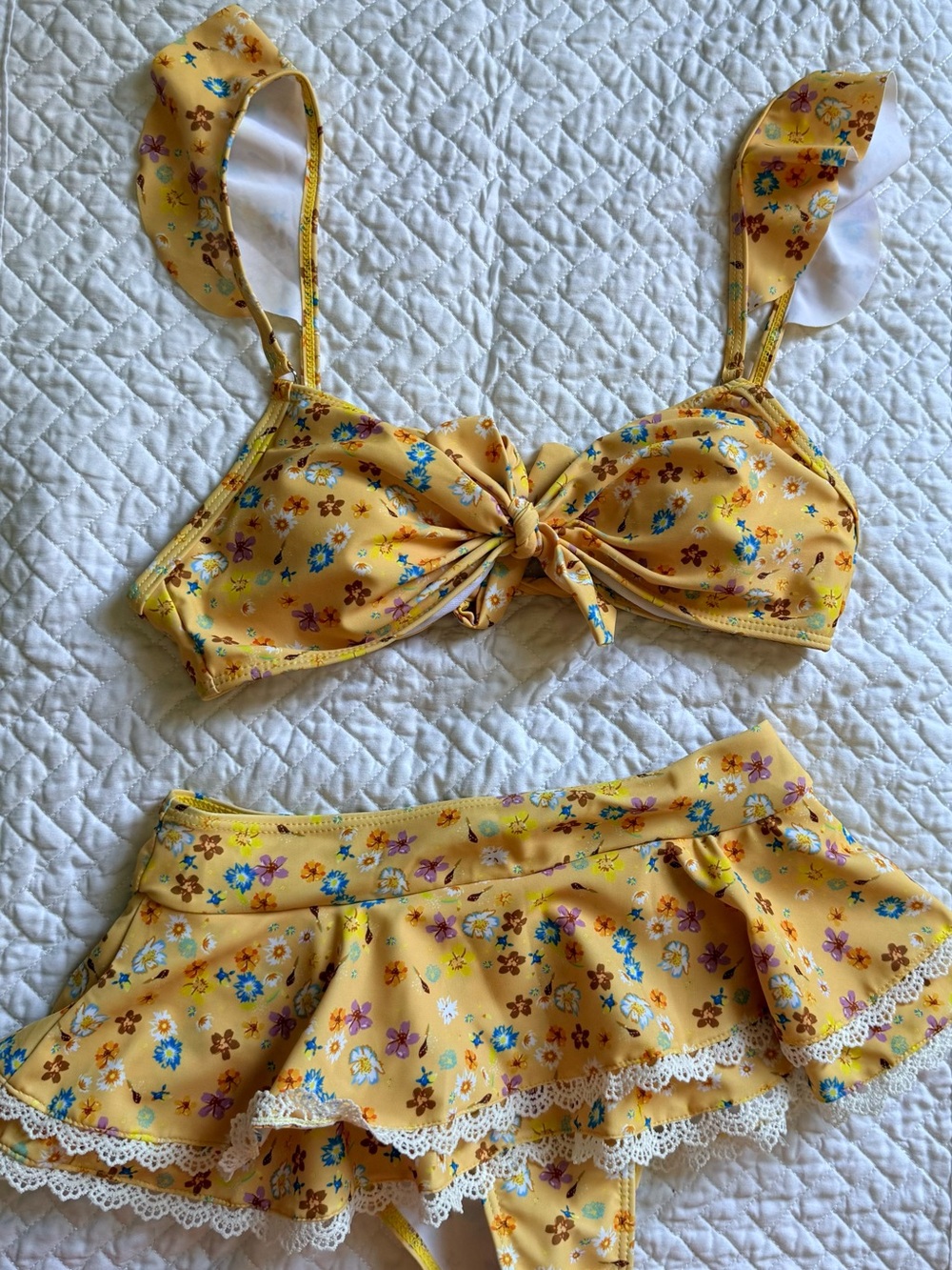 NWOT: Yellow Floral Tie-Front Bikini Top & Ruffled Skirt Set